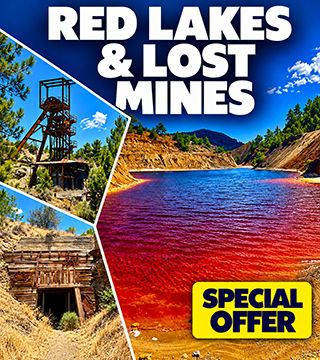 Red mining lake, abandoned mine tower and old mine entrance on a private Cyprus tour