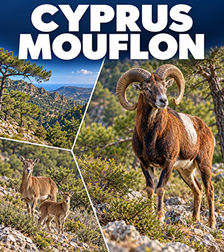 Cyprus mouflon with curved horns, a female and young in a Mediterranean pine forest landscape