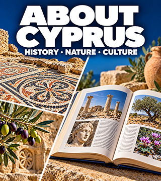 Open book, ancient mosaic and olive branch representing Cyprus history, nature and culture